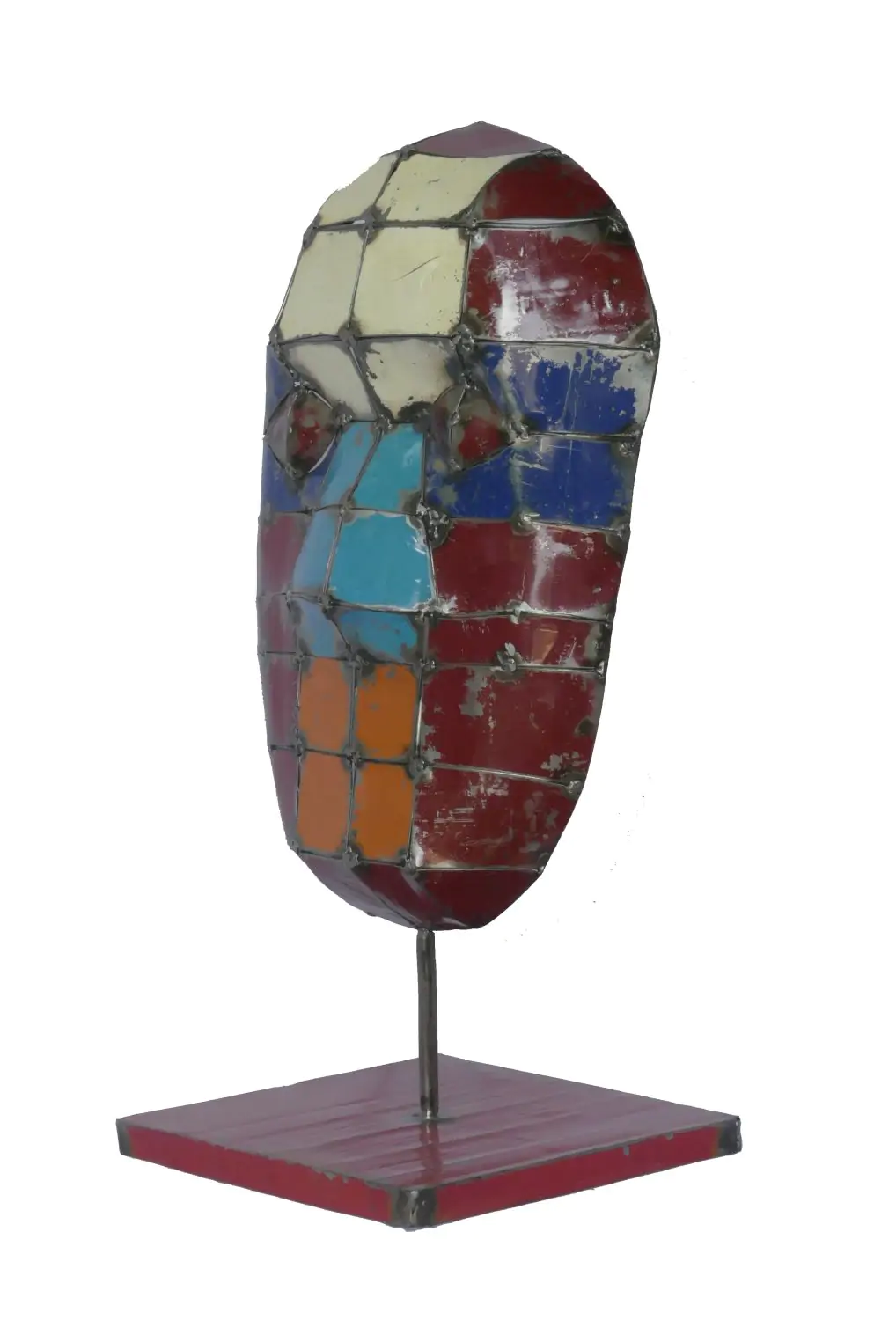  Product image 2 of the product “Small Mask on stand - Modell 4, 52cm height, sculpture from upcyceled oil barrel. ”
